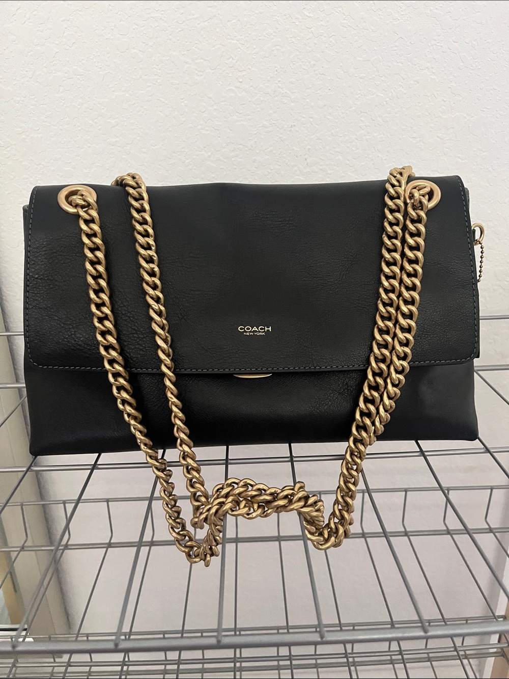Coach Chelsea 30 Chain Black Leather Shoulder Bag with Gold Chain Straps